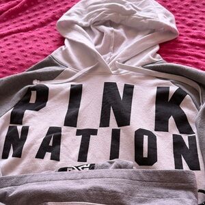 PINK Victoria's Secret Hoodie in Gray and White CROP TOP AND PANTS SET!